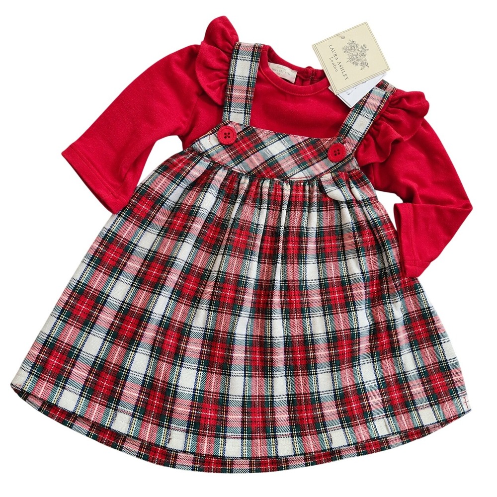 NEW Laura Ashley Chrismas Baby Girls Red Plaid Jumper and Ruffle Top Set 12M